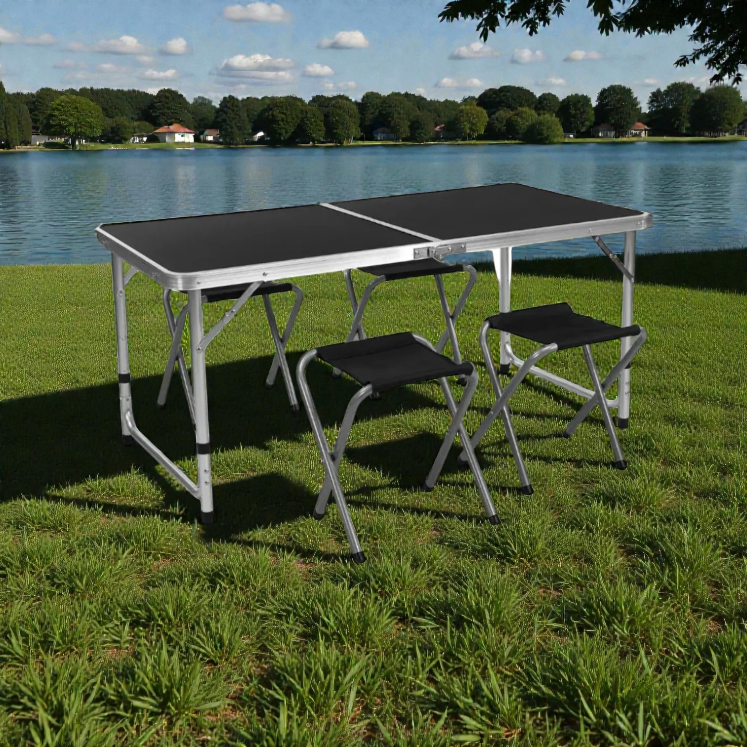 Mesa plegable + 4 banquitos metal / negro