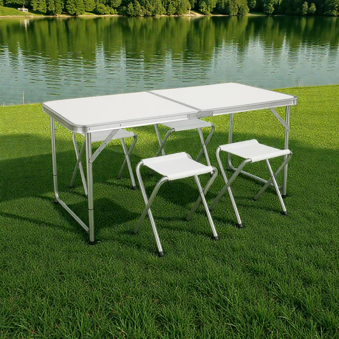 Mesa plegable + 4 banquitos metal / blanco
