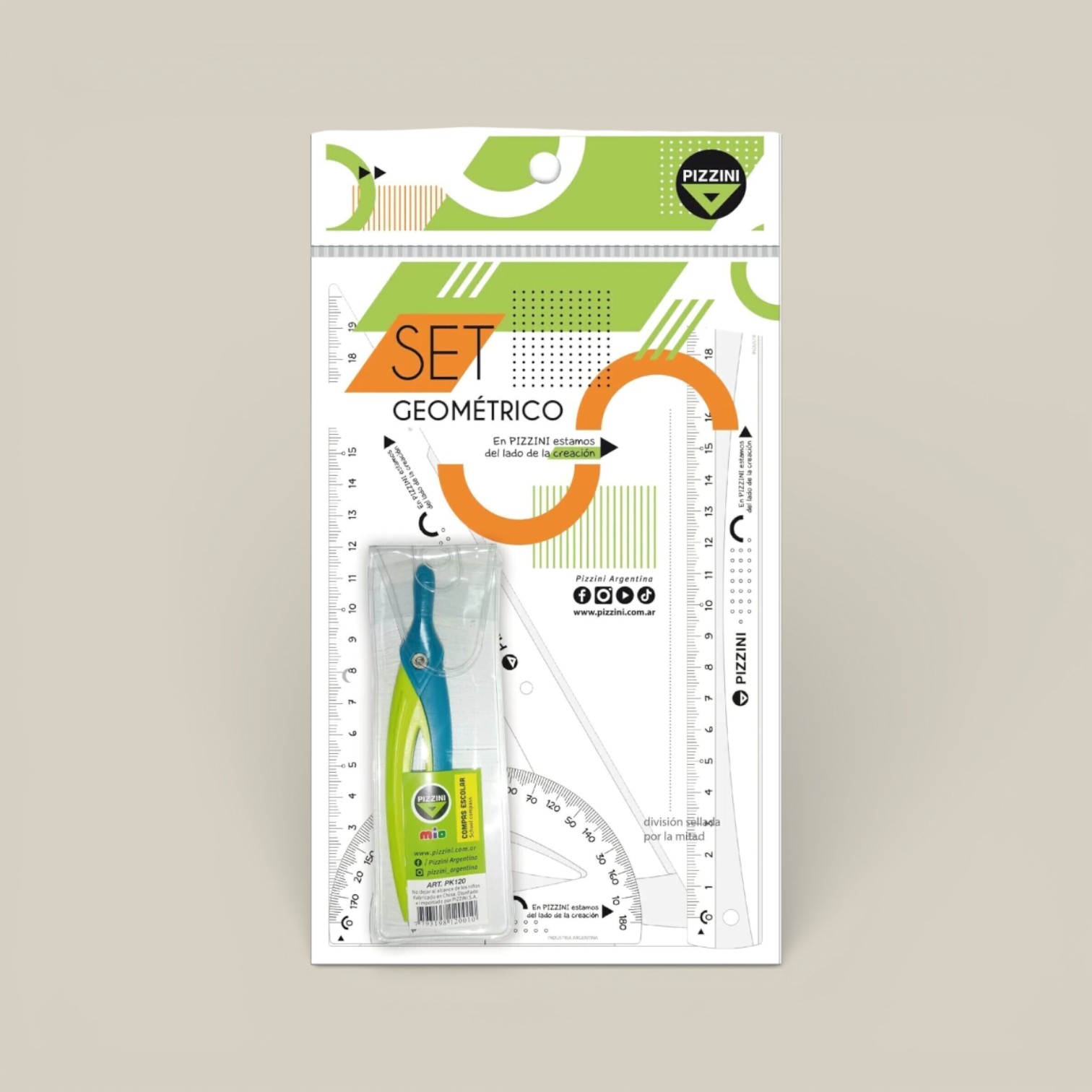 Set geometria escolar + compas plast. 4 piezas