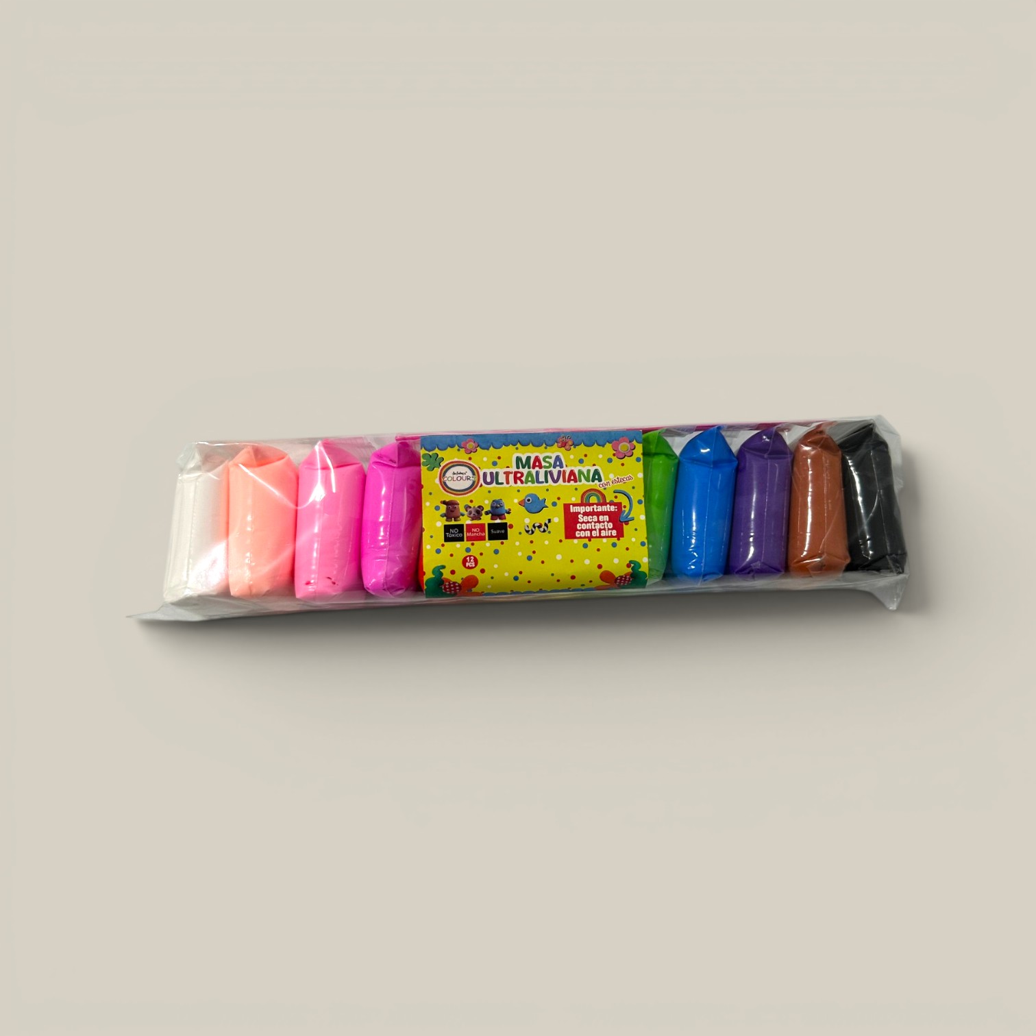 Masa en paquete x 12 colores c/esteca plastica