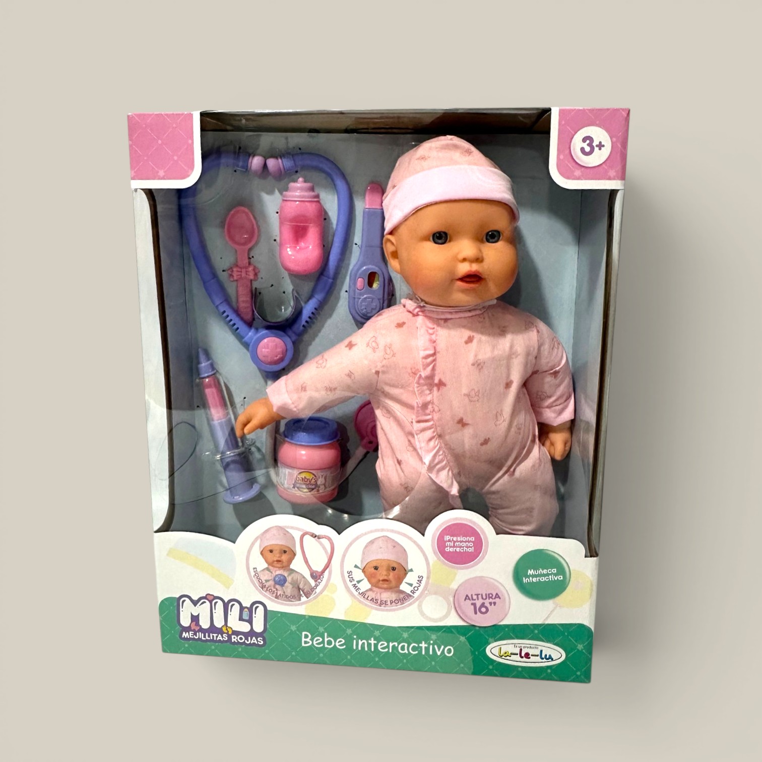 Bebe mili 16" interactivo tose, mejillas rojas