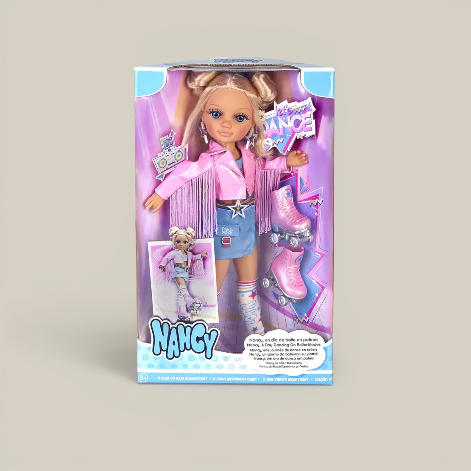 Muñeca 43cm c/atuendo de patinaje + rollers y accesorios