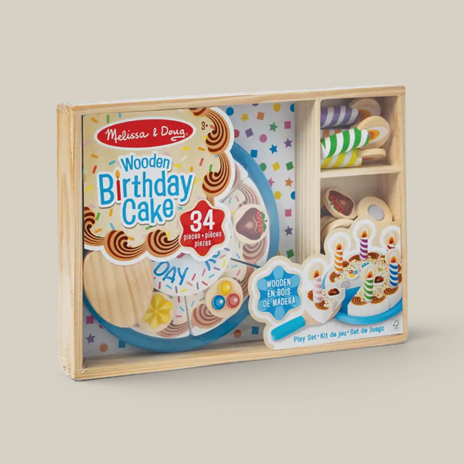 Pastel de cumpleaños de madera c/accesorios