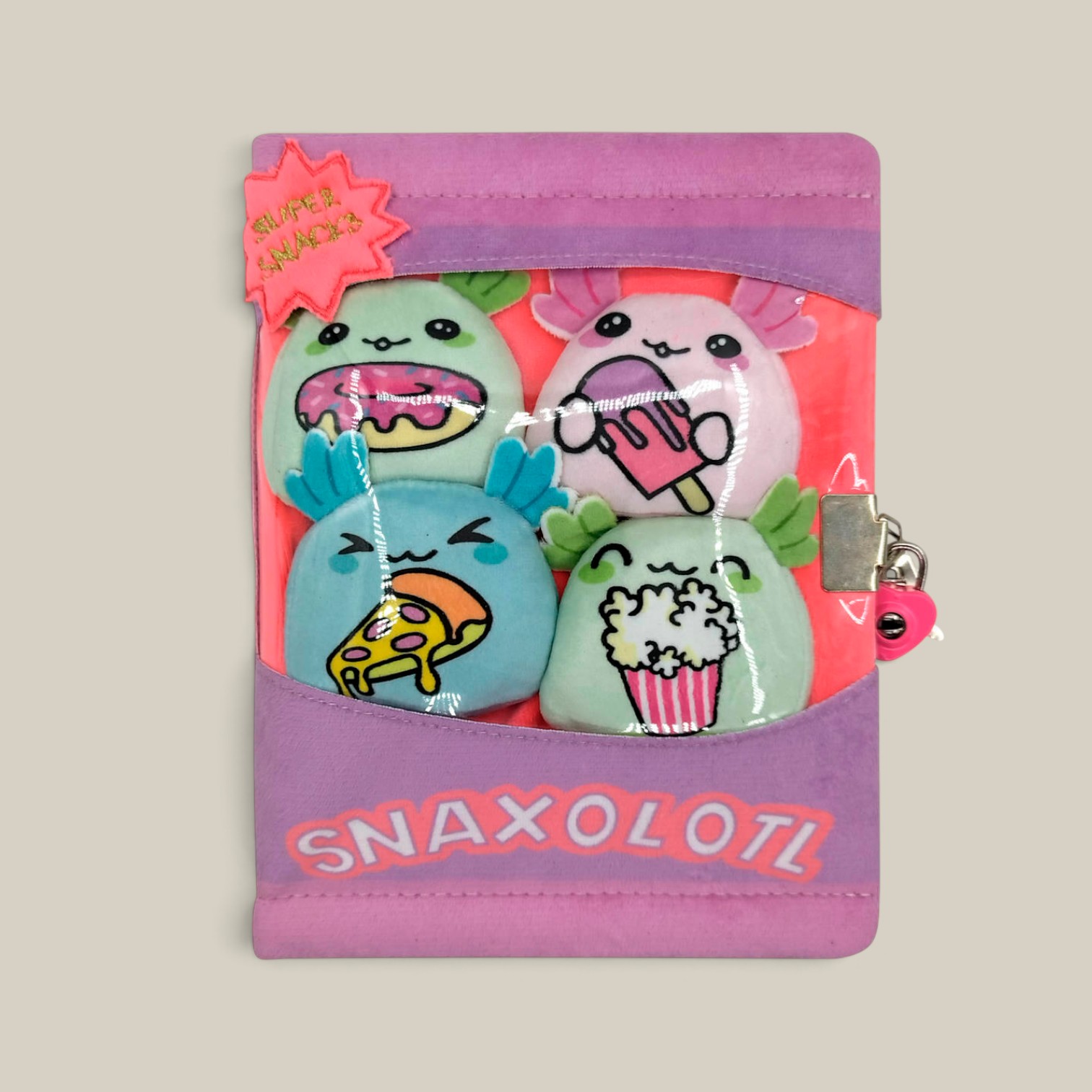 Diario plush a5 rayado c/mini Peluche c/candado snaxolotl
