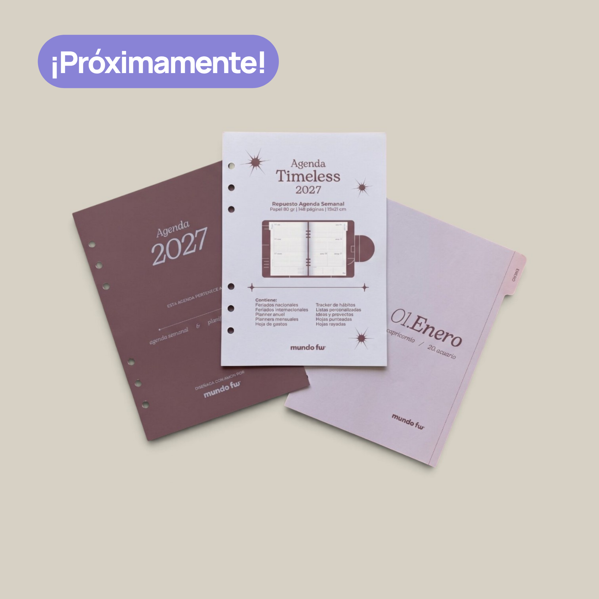 Hojas de repuesto p/Agendas FW semanal timeless 2027